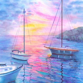 Painting titled "A208. Yachts in the…" by Natalia Kavolina, Original Artwork, Watercolor