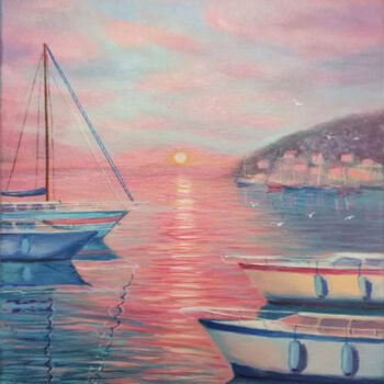 Painting titled "P1. Boats in the ba…" by Natalia Kavolina, Original Artwork, Oil