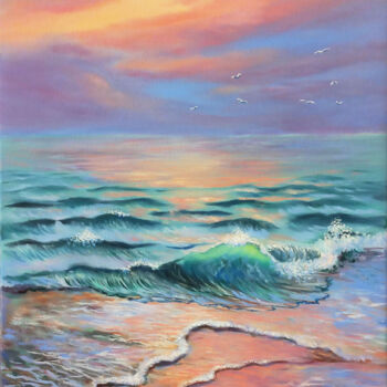 Painting titled "D7. Sunset sea and…" by Natalia Kavolina, Original Artwork, Oil Mounted on Wood Stretcher frame