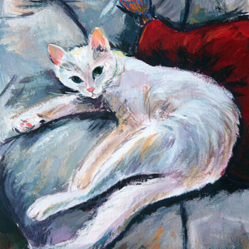 Painting titled "White cat Original…" by Natasha Ledeneva, Original Artwork, Tempera