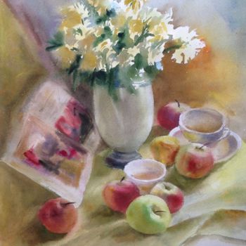 Painting titled "Apple still life" by Nata New, Original Artwork, Watercolor
