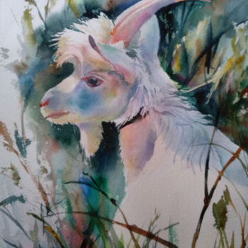 Painting titled "The goat portrait" by Nata New, Original Artwork, Watercolor