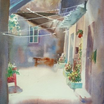 Painting titled "Old yard" by Nata New, Original Artwork, Watercolor