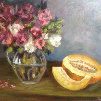 Peinture intitulée "Melon and roses" par Nata New, Œuvre d'art originale, Huile