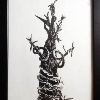Painting titled "defender tree" by Nata New, Original Artwork, Ink