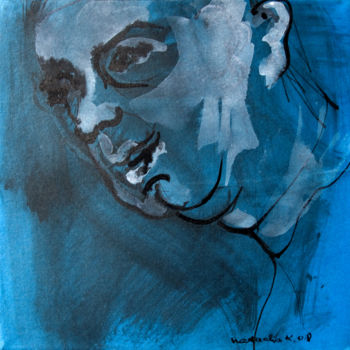 Dessin intitulée ""PIERRE EN BLEU"" par Natacha Kolson, Œuvre d'art originale, Encre