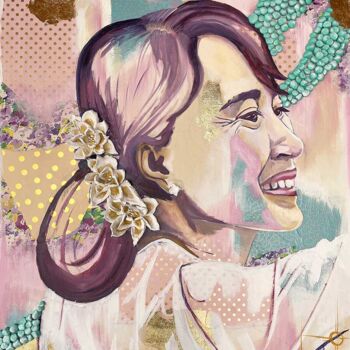 Painting titled "Aung San Suu Kyi" by Natacha Zenatti, Original Artwork, Oil Mounted on Wood Stretcher frame