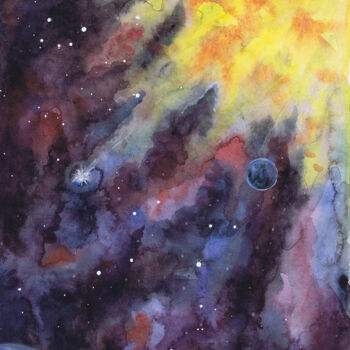 Peinture intitulée "Soleil, étoiles et…" par Natalia Shustrova, Œuvre d'art originale, Aquarelle
