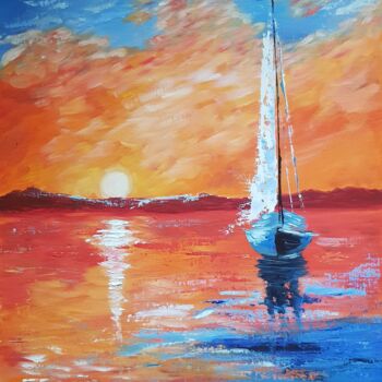 Painting titled "Sailboat at sunset" by Natalia Ostonen (Tarasova), Original Artwork, Oil Mounted on Other rigid panel