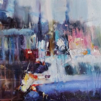Pittura intitolato "Town,rain" da Natalia Nikolenko, Opera d'arte originale, Olio
