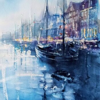 Painting titled "Nyhavn.Danmark" by Natalia Nikolenko, Original Artwork, Watercolor Mounted on Wood Stretcher frame