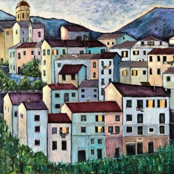 Pintura intitulada "Italian town in blue" por Natali Part, Obras de arte originais, Óleo