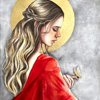 Pintura titulada "Madonna in red / re…" por Natali Part, Obra de arte original, Acuarela