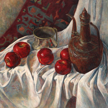 Schilderij getiteld "Apples with jug-1" door Natali Shtainfeld-Borovkov, Origineel Kunstwerk, Olie