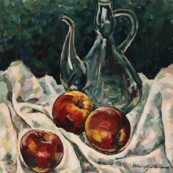 Painting titled "Apples with glass j…" by Natali Shtainfeld-Borovkov, Original Artwork, Oil