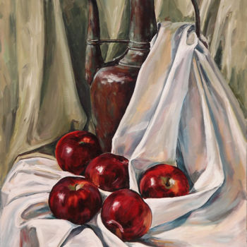 Painting titled "Apples with jug-3" by Natali Shtainfeld-Borovkov, Original Artwork, Oil