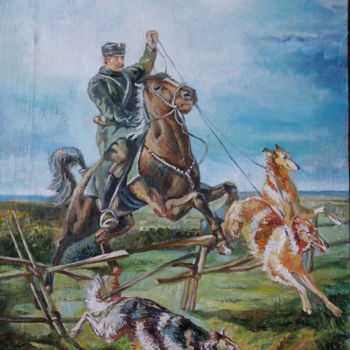 Ζωγραφική με τίτλο "Егерь с тремя борзы…" από Наталия Терещук, Αυθεντικά έργα τέχνης, Λάδι