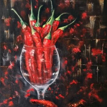 Painting titled "Red Peppers" by Natalia Bazyliuk, Original Artwork, Oil Mounted on Wood Stretcher frame