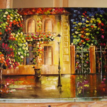 Картина под названием "Дождливый вечер" - Natalia Bazyliuk, Подлинное произведение искусства, Масло