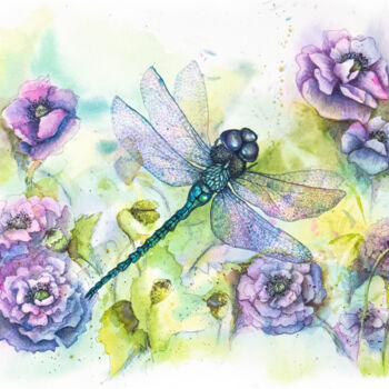 Rysunek zatytułowany „Dragonfly in Poppies” autorstwa Natalia Berezina (natimade), Oryginalna praca, Akwarela