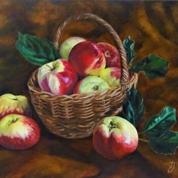 Malerei mit dem Titel ""Korb mit Äpfeln"" von Natalia Jelusic, Original-Kunstwerk, Öl