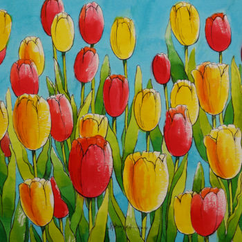 Pittura intitolato "tulipani di colore-3" da Natalia-Khromykh, Opera d'arte originale, Acquarello