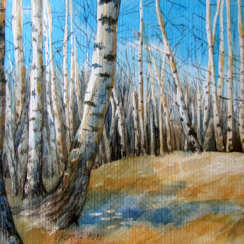 Painting titled "in the Birch Grove" by Natalia-Khromykh, Original Artwork, Watercolor