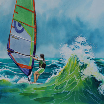 Pintura intitulada "WINDSURFING  e l'on…" por Natalia-Khromykh, Obras de arte originais, Aquarela