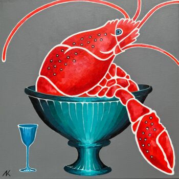 Painting titled "A lone lobster #1 (…" by Natalia Kludt, Original Artwork, Acrylic Mounted on Wood Stretcher frame