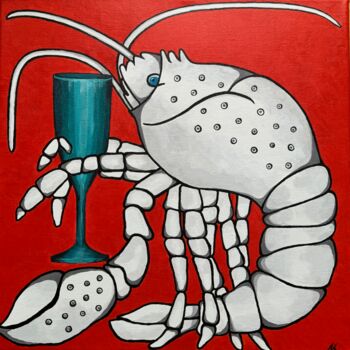 Painting titled "A lone lobster #2 (…" by Natalia Kludt, Original Artwork, Acrylic Mounted on Wood Stretcher frame