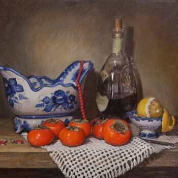 Painting titled "Still life with Per…" by Natalia Korbukh, Original Artwork, Oil