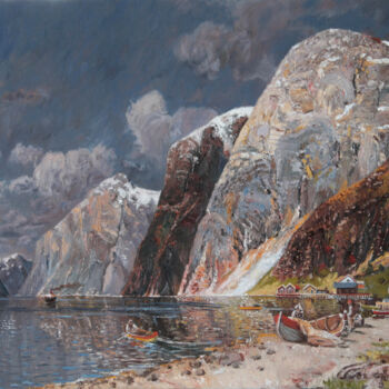 Painting titled "Great Fjord Landsca…" by Natalia Korbukh, Original Artwork, Oil