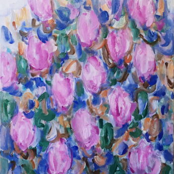 Painting titled "Pink Magnolia" by Natalia Kruchkevych, Original Artwork, Oil Mounted on Wood Stretcher frame