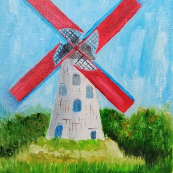 Картина под названием "Красная мельница" - Наталия Куропятникова, Подлинное произведение искусства, Масло Установлен на карт…