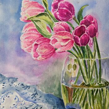 Painting titled "Tulips" by Natalia Kuznetsova, Original Artwork, Watercolor