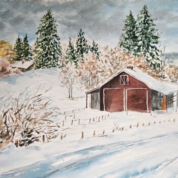Schilderij getiteld "Winter village" door Natalia Kuznetsova, Origineel Kunstwerk, Aquarel