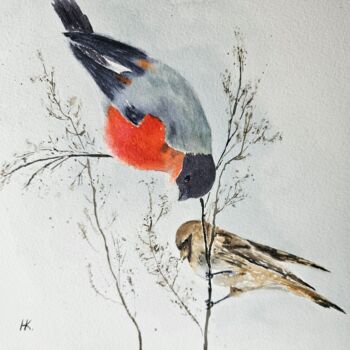 Malerei mit dem Titel "Bullfinch and redpo…" von Natalia Kuznetsova, Original-Kunstwerk, Aquarell