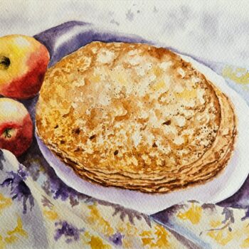 Painting titled "Pancakes" by Natalia Kuznetsova, Original Artwork, Watercolor