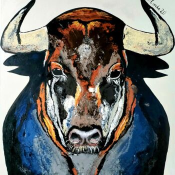 Painting titled "Toro azulado" by Natalia Martinez (NatiConda ART), Original Artwork, Acrylic Mounted on Wood Stretcher frame