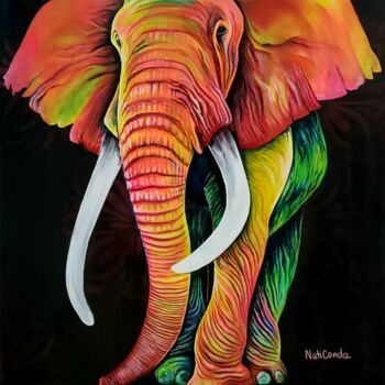 Painting titled "Elefante neón" by Natalia Martinez (NatiConda ART), Original Artwork, Acrylic Mounted on Wood Stretcher fra…