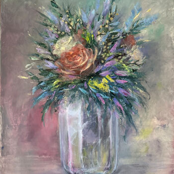 Schilderij getiteld "Bouquet with rose" door Natalia Mikhaylina, Origineel Kunstwerk, Olie