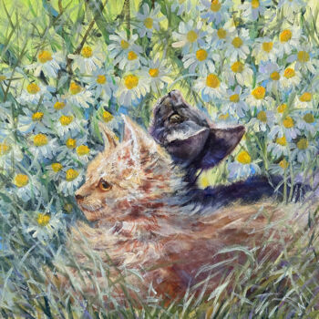 Painting titled "Kittens in Daisies" by Natalia Mikhaylina, Original Artwork, Oil