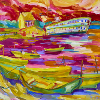 Painting titled "Motor Ship" by Natalia Pismak, Original Artwork, Oil Mounted on Wood Stretcher frame