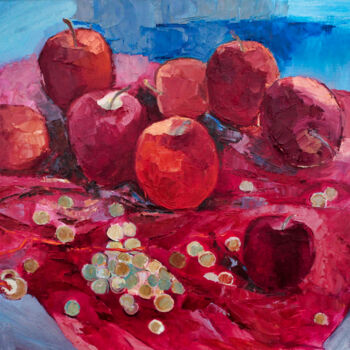 Painting titled "Red Apples" by Natalia Pismak, Original Artwork, Oil Mounted on Cardboard
