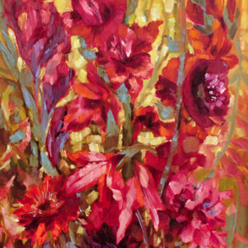 Painting titled "Red Flowers" by Natalia Pismak, Original Artwork, Oil Mounted on Cardboard