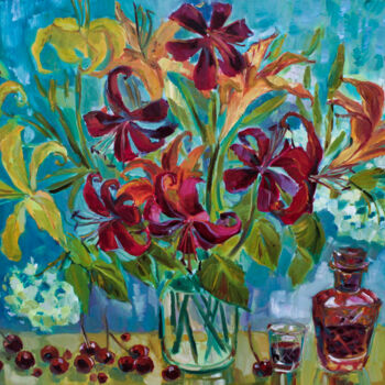 Painting titled "Garden Lilies" by Natalia Pismak, Original Artwork, Oil Mounted on Wood Stretcher frame