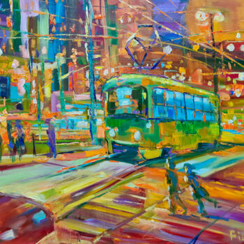 Painting titled "Evening Tram" by Natalia Pismak, Original Artwork, Oil Mounted on Wood Stretcher frame