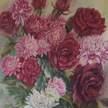 Schilderij getiteld "chrysanthemum" door Natalia Rudnitskiy, Origineel Kunstwerk, Olie Gemonteerd op Frame voor houten branc…