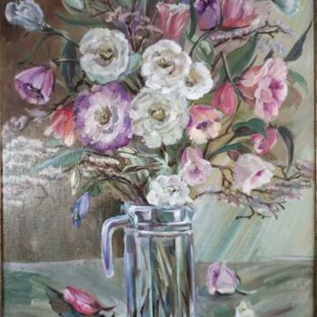 Painting titled "Flowers in a decant…" by Natalia Rudnitskiy, Original Artwork, Oil Mounted on Wood Stretcher frame