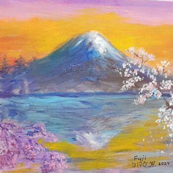 Картина под названием "Fuji at Sunset" - Nataliа Sharoni, Подлинное произведение искусства, Акрил Установлен на Деревянная р…